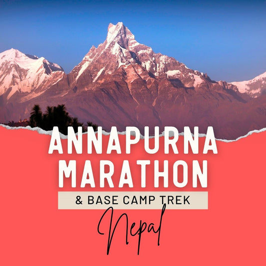 Promotional graphic for the Annapurna Marathon & Base Camp Trek in Nepal, featuring a scenic mountain landscape with snow-capped peaks under a blue sky, with a coral-red lower section containing the event text.