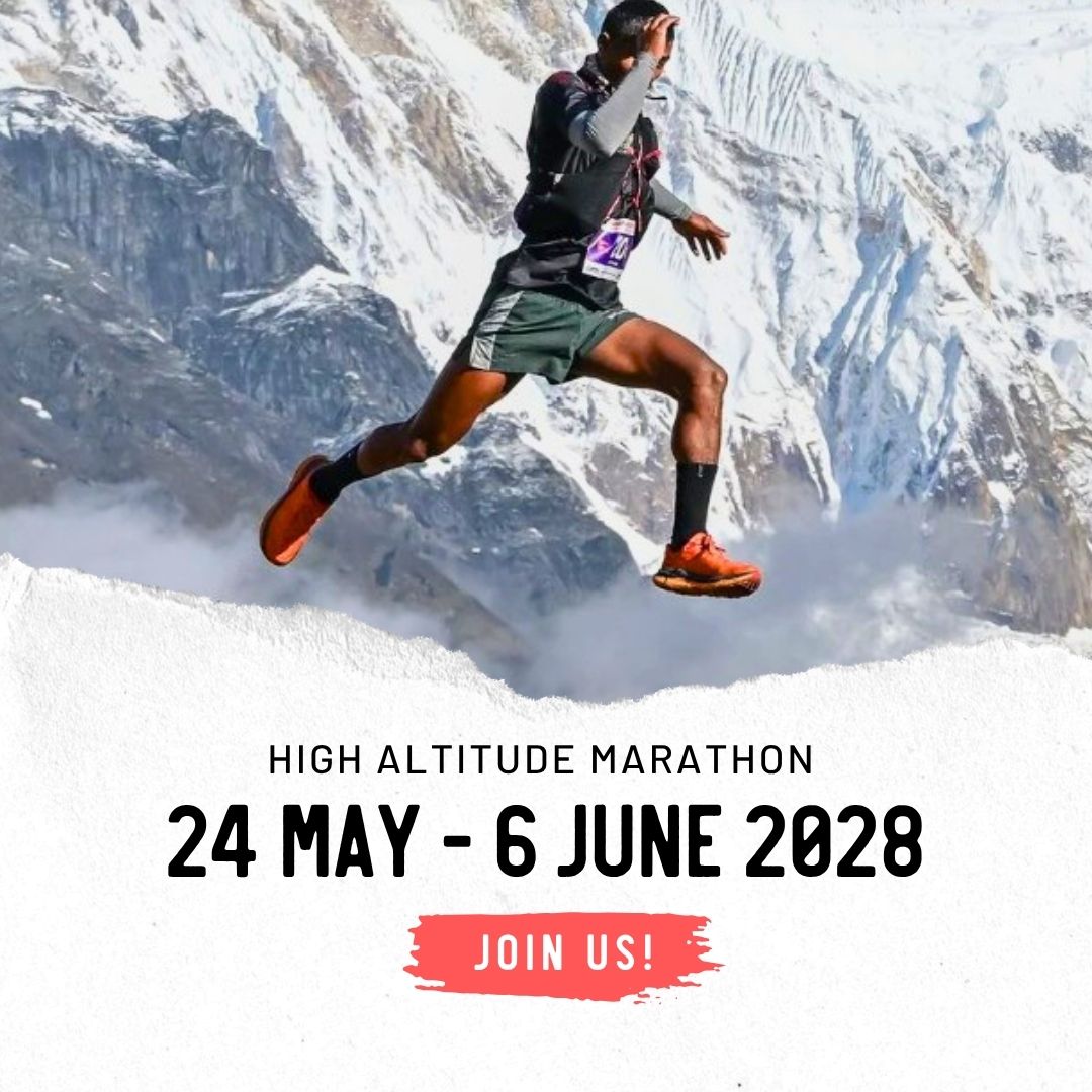 Person running on a snowy mountain with text for a high altitude marathon event.