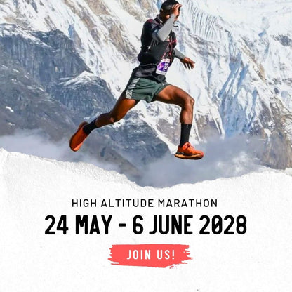 Person running on a snowy mountain with text for a high altitude marathon event.