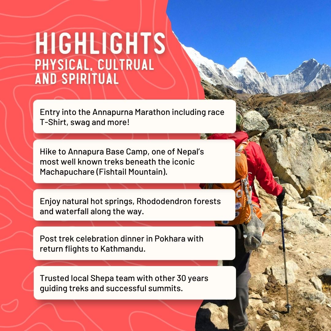 Promotional travel graphic for the Annapurna Circuit Trek in Nepal, featuring a hiker on a rocky mountain path with snow-capped peaks under a blue sky. 