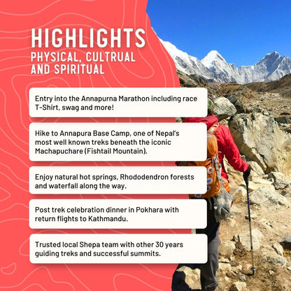Promotional travel graphic for the Annapurna Circuit Trek in Nepal, featuring a hiker on a rocky mountain path with snow-capped peaks under a blue sky. 