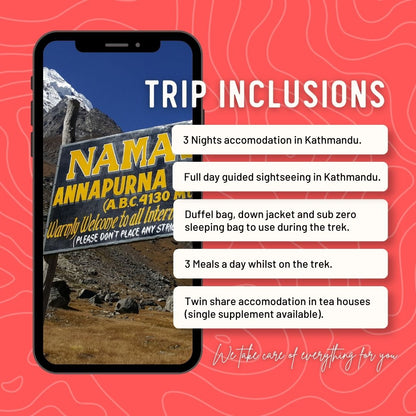 Promotional graphic for trekking trip inclusions, showing a smartphone screen with a mountain sign and the headline 'TRIP INCLUSIONS' plus a list of included accommodations and activities in Kathmandu and on the trek, on a coral background.