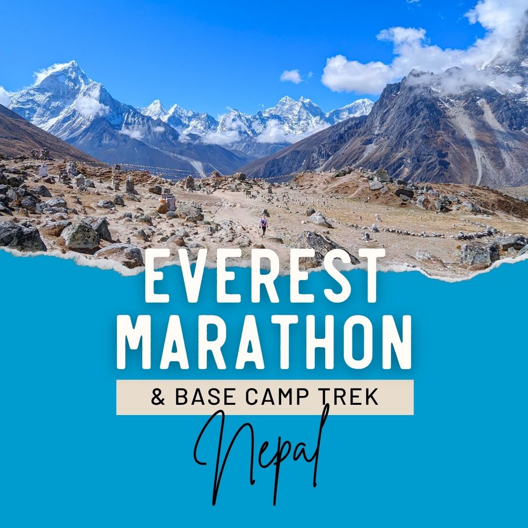 Promotional graphic for the Everest Marathon & Base Camp Trek in Nepal, featuring a scenic mountain landscape with snow-capped peaks and a turquoise lower section with large white text and a pink 'Limited Spaces!' badge.