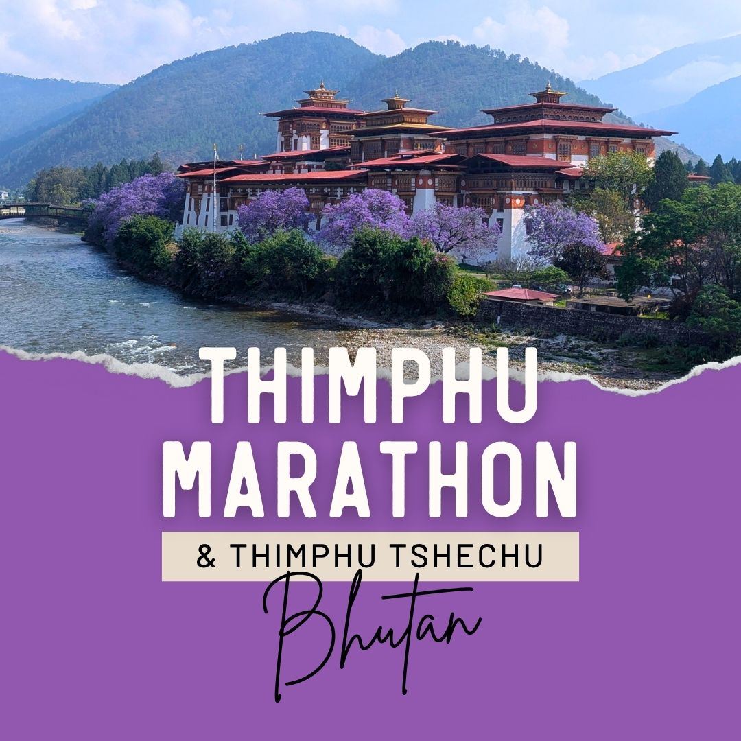 Promotional graphic for the Thimphu Marathon & Thimphu Tshechu Bhutan, featuring a scenic background of a traditional Bhutanese palace, purple blossoms, and mountains, with a torn-paper effect revealing a purple banner with white and black text.