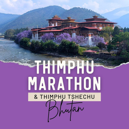 Promotional graphic for the Thimphu Marathon & Thimphu Tshechu Bhutan, featuring a scenic background of a traditional Bhutanese palace, purple blossoms, and mountains, with a torn-paper effect revealing a purple banner with white and black text.