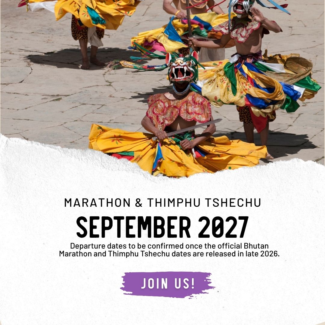 Promotional graphic for the 'Marathon & Thimphu Tshechu 2027' featuring a photograph of a traditional Tibetan dance performance with dancers in colorful yellow, green, and red garments. The lower portion has a torn-paper effect revealing a white background with text stating 'MARATHON & THIMPHU TSHECHU SEPTEMBER 2027' and a purple 'JOIN US!' button.