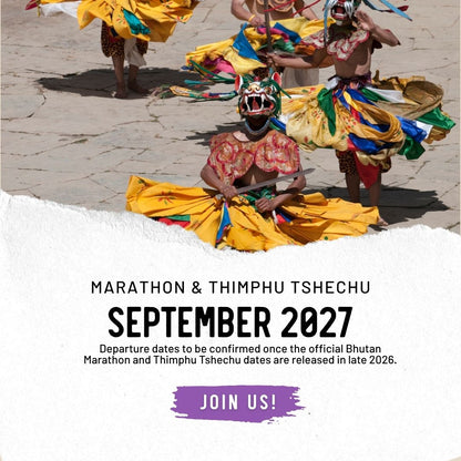 Promotional graphic for the 'Marathon & Thimphu Tshechu 2027' featuring a photograph of a traditional Tibetan dance performance with dancers in colorful yellow, green, and red garments. The lower portion has a torn-paper effect revealing a white background with text stating 'MARATHON & THIMPHU TSHECHU SEPTEMBER 2027' and a purple 'JOIN US!' button.