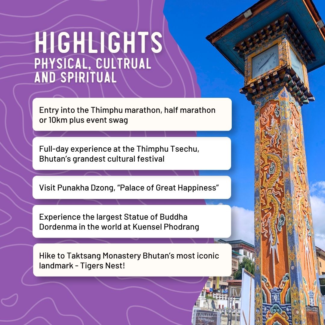Promotional graphic for a Thimphu marathon event with cultural highlights and a colorful traditional clock tower structure.