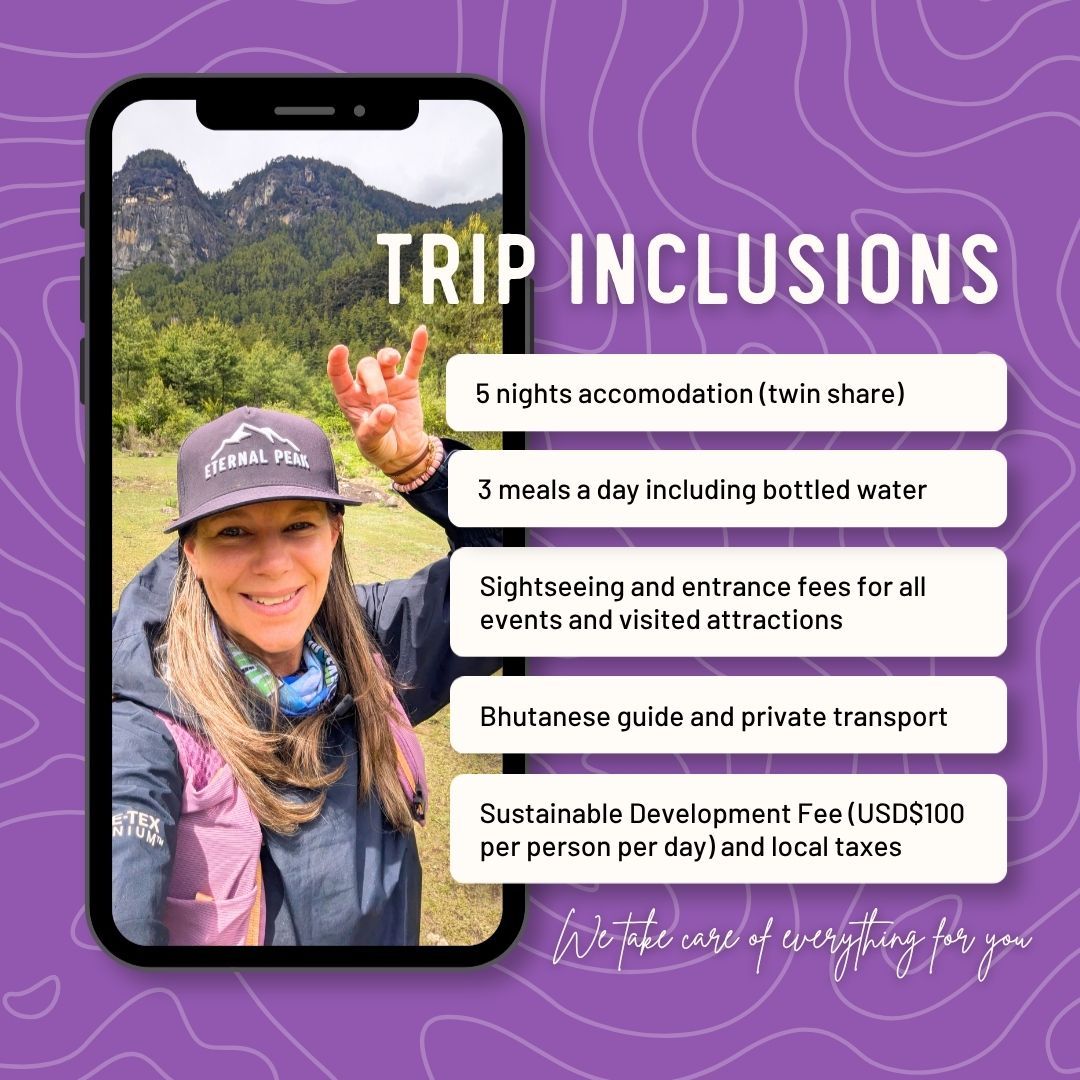 Promotional graphic for trip inclusions with a phone screen showing a mountain view and a person in front of Tiger's Nest Monastry in the distant background.