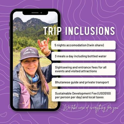 Promotional graphic for trip inclusions with a phone screen showing a mountain view and a person in front of Tiger's Nest Monastry in the distant background.