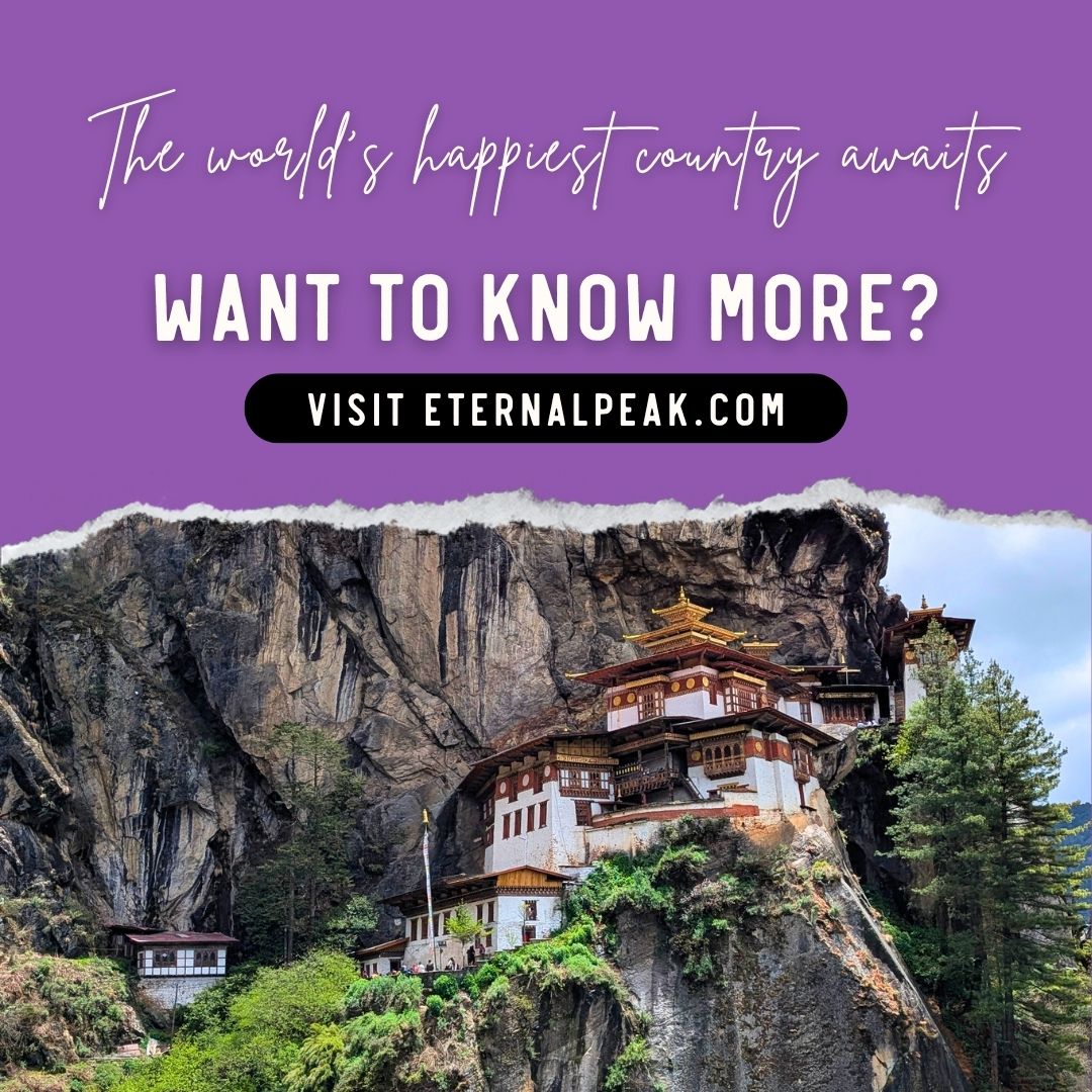 Promotional graphic with a purple header reading 'The world's happiest country awaits WANT TO KNOW MORE? VISIT ETERNALPEAK.COM' above a torn-paper style photo of a monastery built into a rocky cliffside with trees and sky.