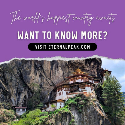 Promotional graphic with a purple header reading 'The world's happiest country awaits WANT TO KNOW MORE? VISIT ETERNALPEAK.COM' above a torn-paper style photo of a monastery built into a rocky cliffside with trees and sky.